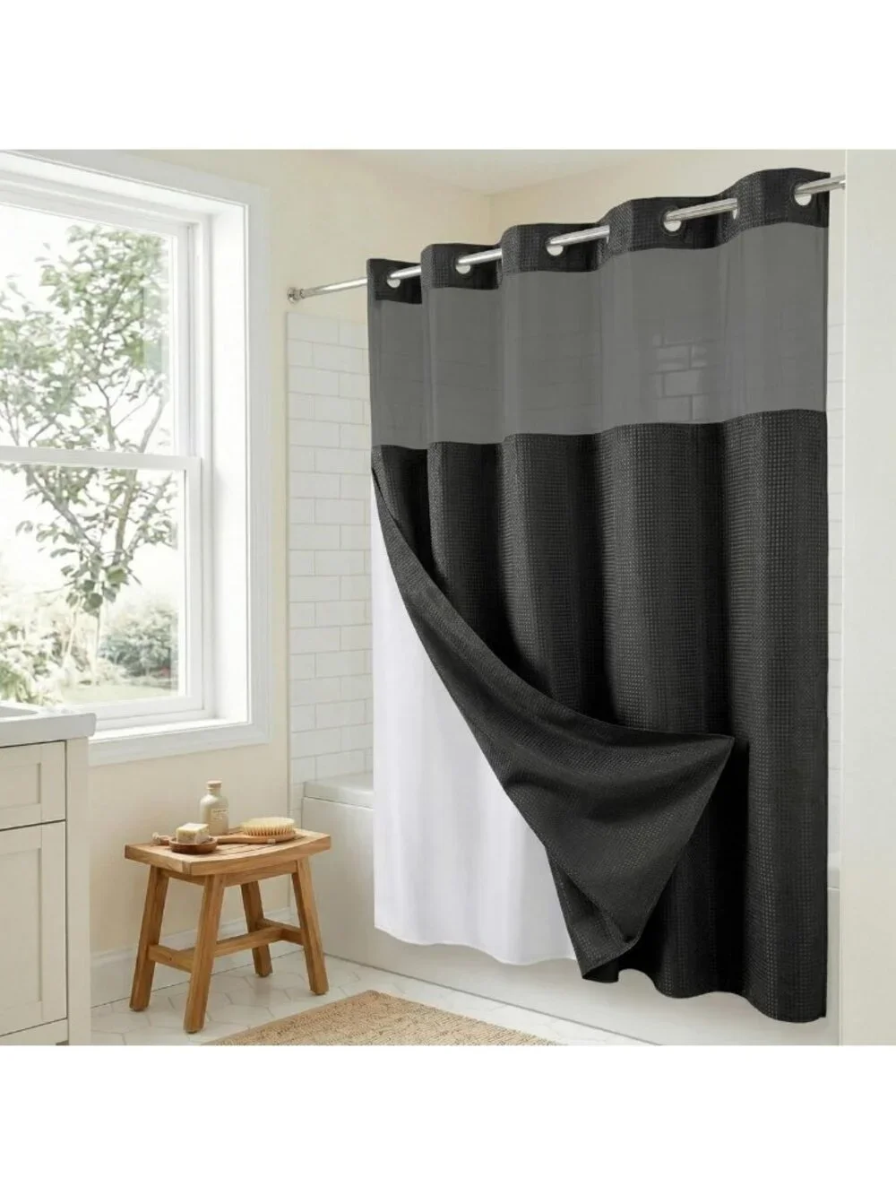 Water-Resistant 72x75 Waffle Shower Curtain with Sheer Panel & Durable Grommets
